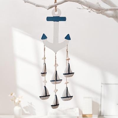 Rustic Ocean Windchime Coastal Beach Theme Wooden Hanging Decor with Hemp Rope for Indoor Outdoor Nautical Patio Garden Decor