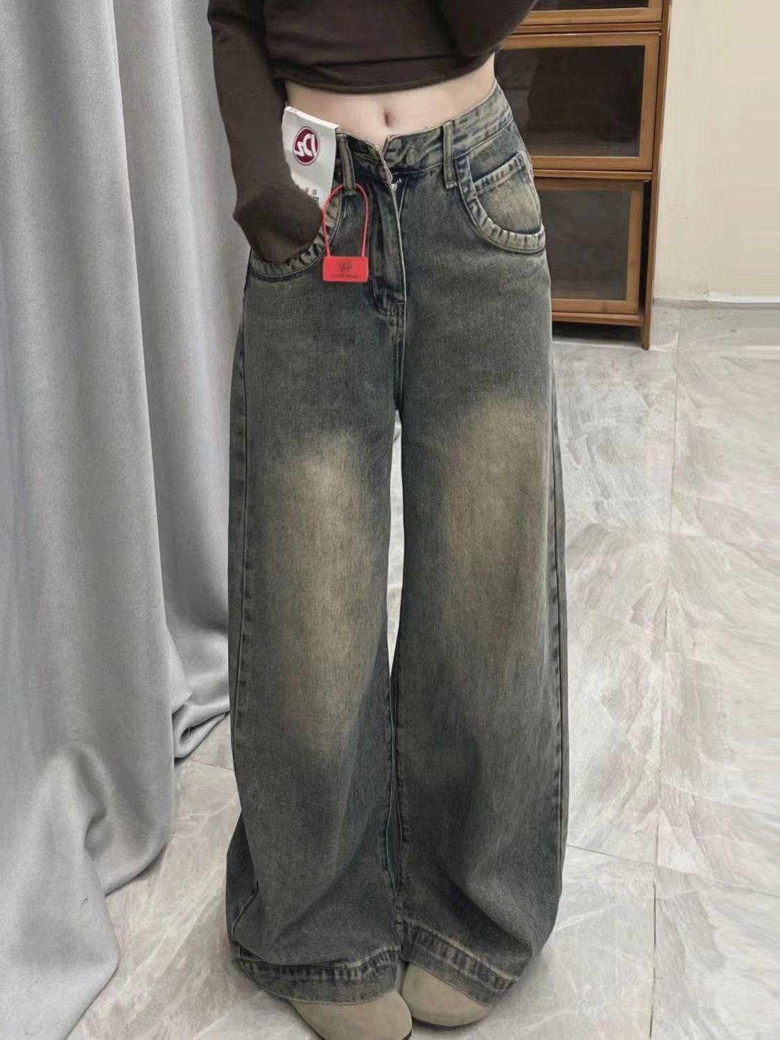 

Женские джинсы американского ретро с высокой посадкой, вываренные, с широкими штанинами 2024 - Новая горячо продаваемая свободная прямая драпирующаяся модель 2XL синий