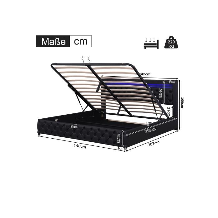 Lit rembourré - MUVOE - 140 x 200 cm - Noir - Éclairage LED - Rangement intégré