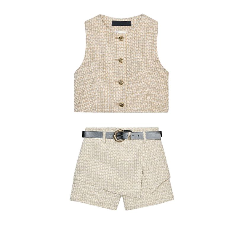 Metal Button Decorative Texture Round Neck Short Vest 2200130 with Belt Texture A- Line Skort 2201130