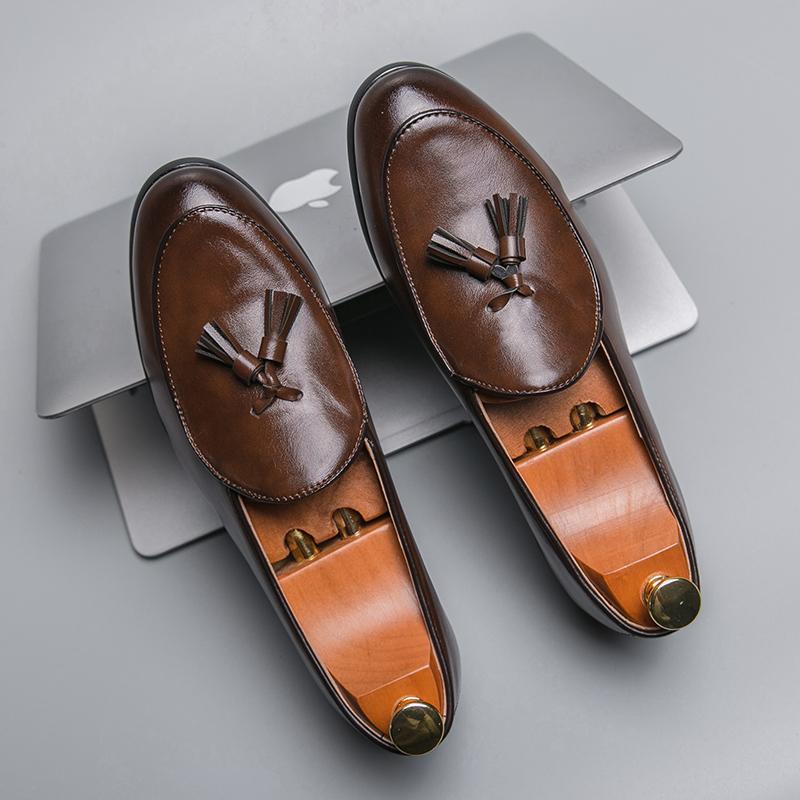 New Brown Loafers for Men Slip-On Round Toe Solid Black Tassels Business Mens Dress Shoes Size 38-46