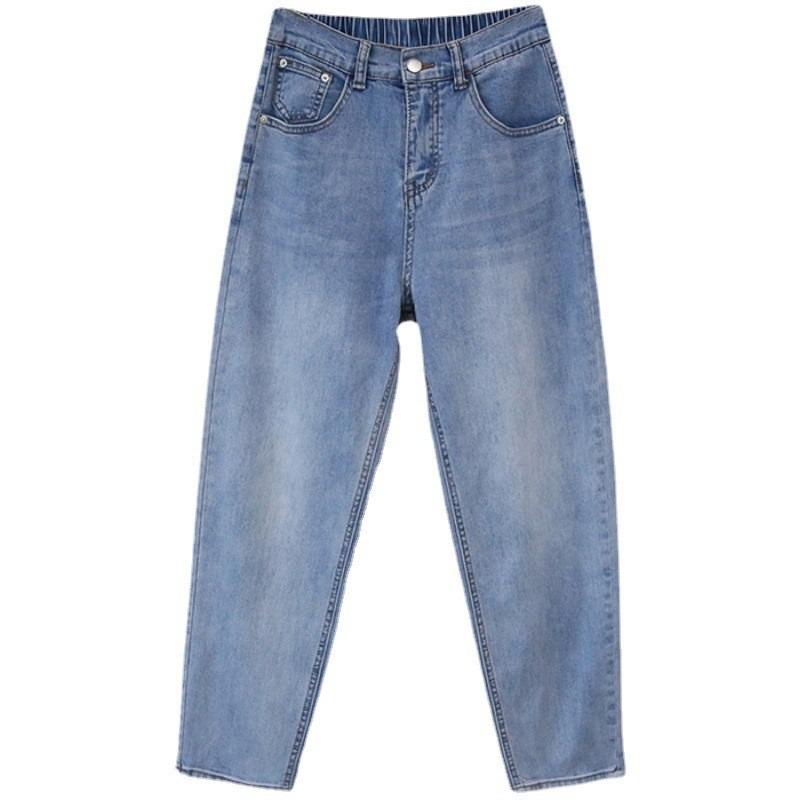 Large size women's pants jeans, new high waist loose straight tube, elastic waist nine-point pants after slimming