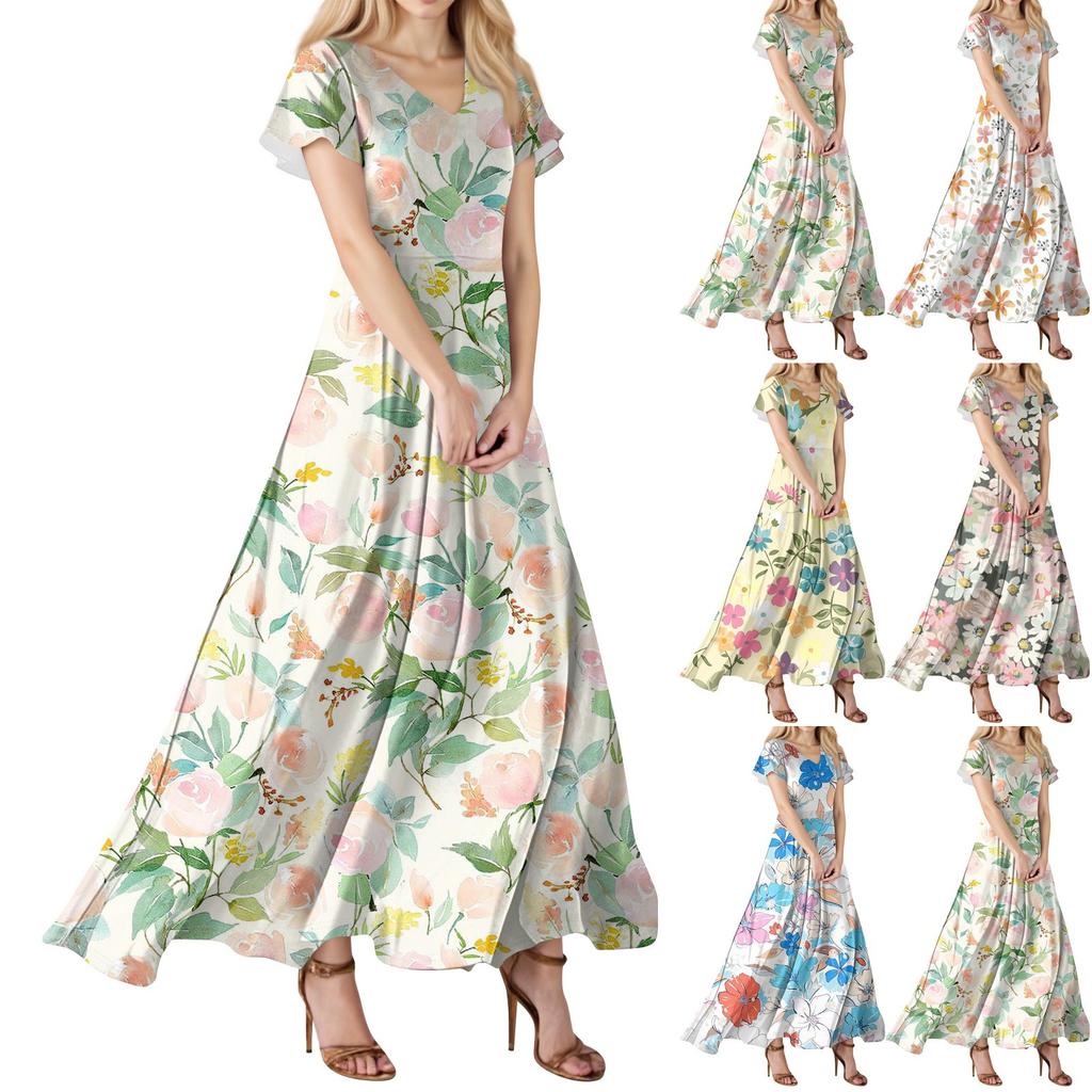 Dámské volné ležérní šaty s výstřihem do V, krátkým rukávem a vysokým pasem, potiskem