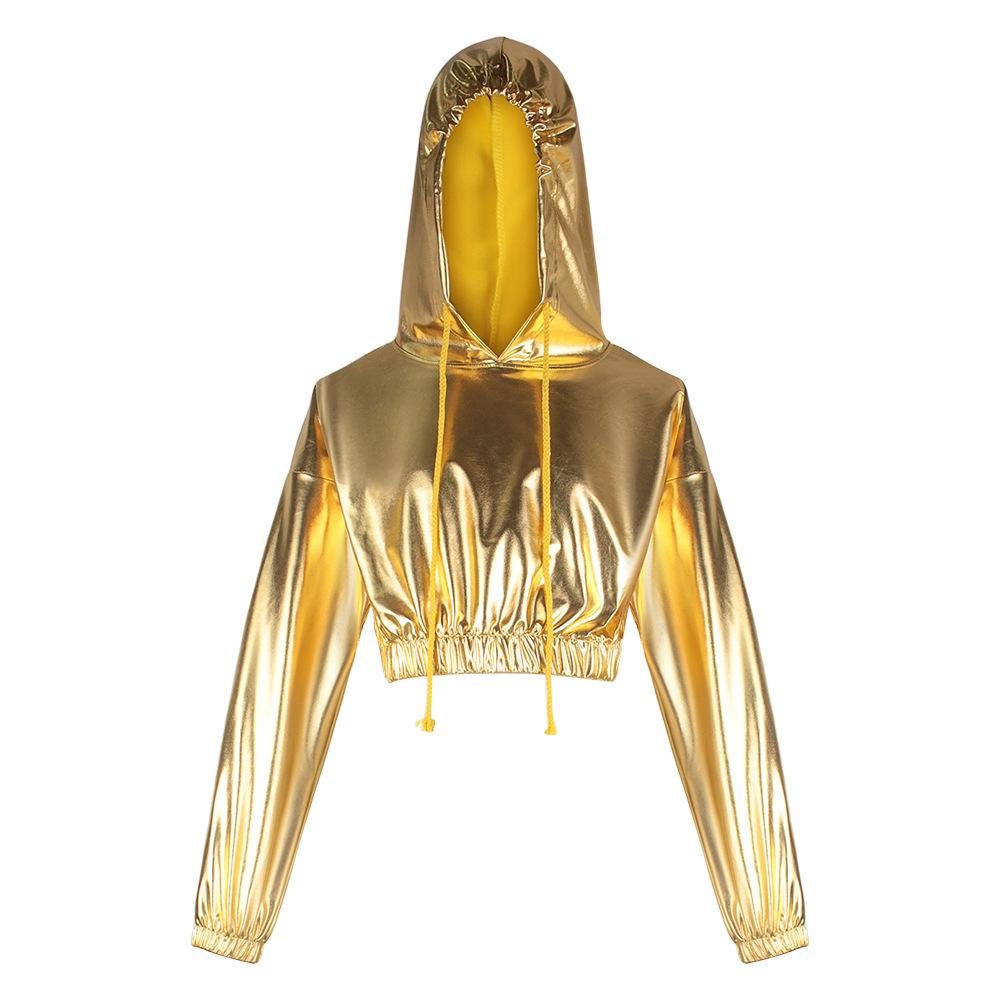 Halloween suit bright leather sexy leaking navel hooded long-sleeved jumper performance suit Symphony laser sweater