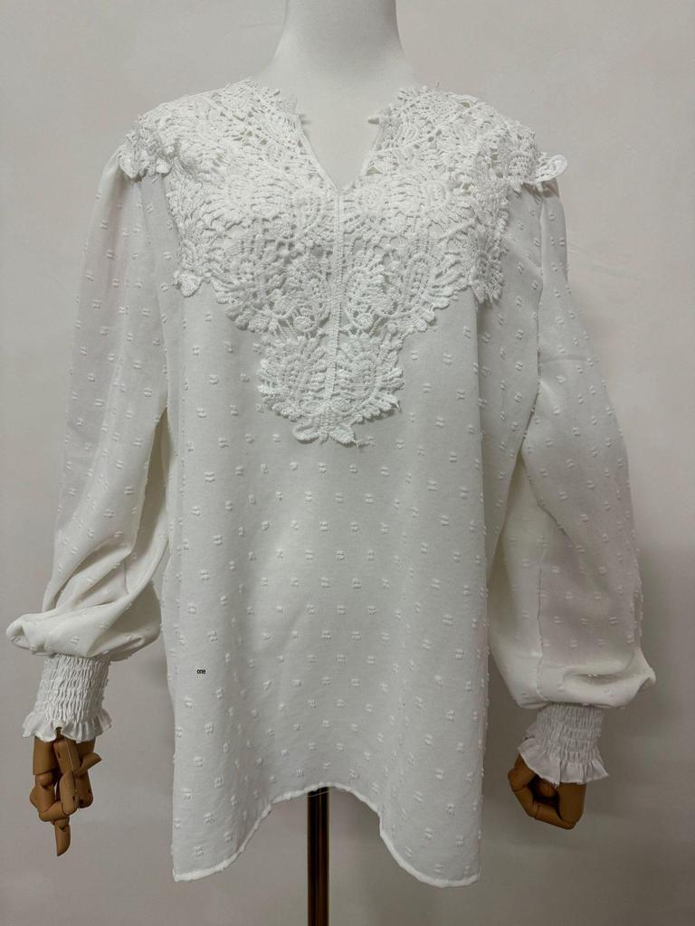 2024 Women's V-Neck Lace Solid Color Long-Sleeve Casual Top for Autumn and Winter.