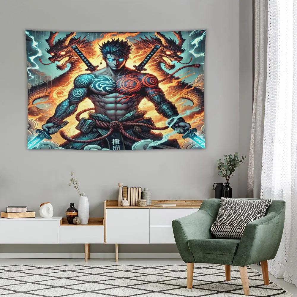 Samurai Dragon Warrior Tapestry Epic Anime Wall Art Perfect Your Bedroom or Living Room Decor Featuring Mythical Dragon Design