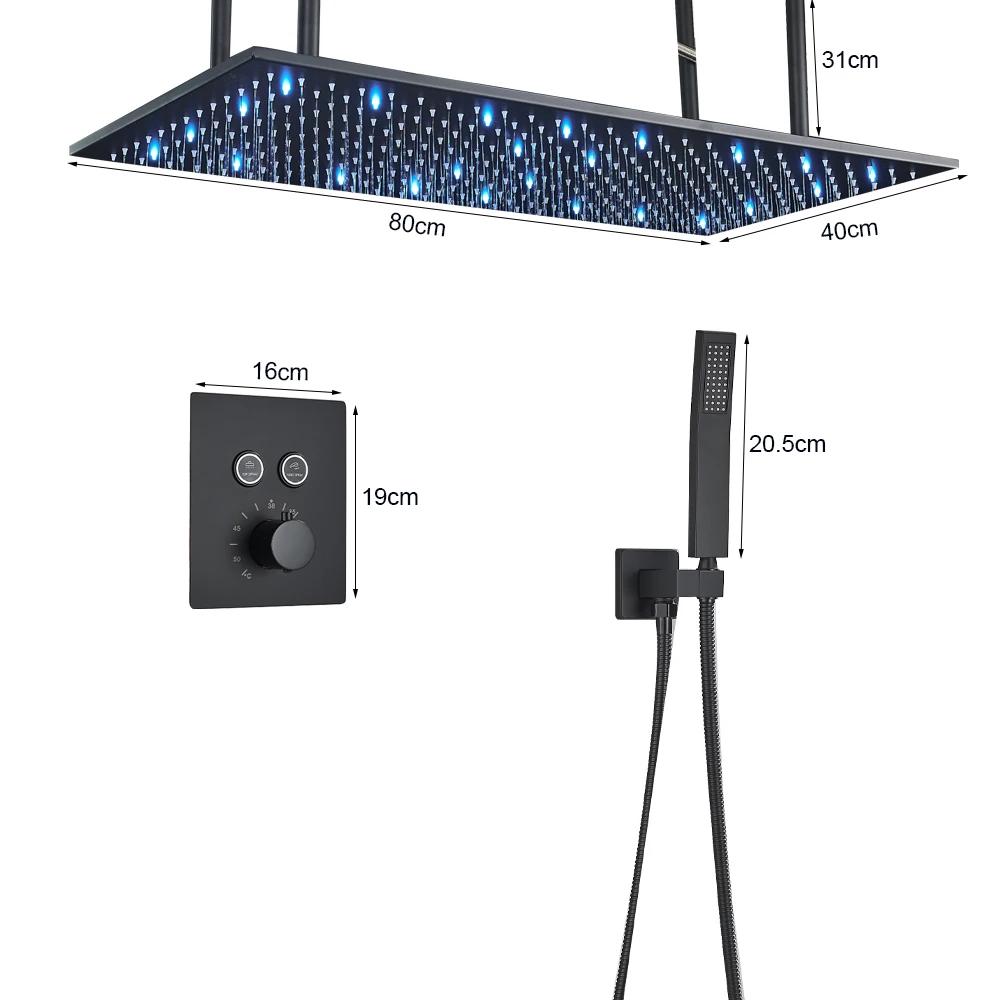 Matte Black LED Thermostatic Shower Faucet 40*80 Large Rain Waterfall Shower System Button Control 3Ways Mixer Installation Arm