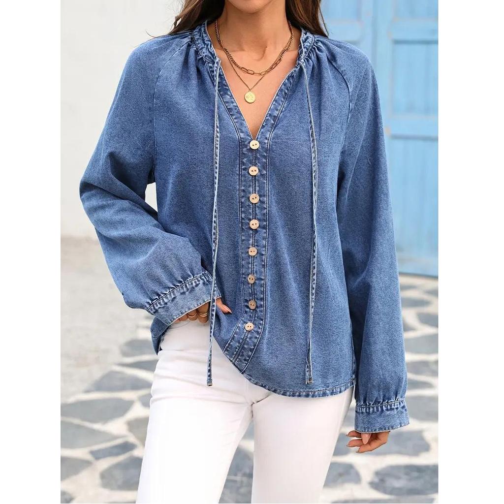 Plus Size Women's V-Neck Denim Jacket with Button Detail - Casual Washed Blue Style