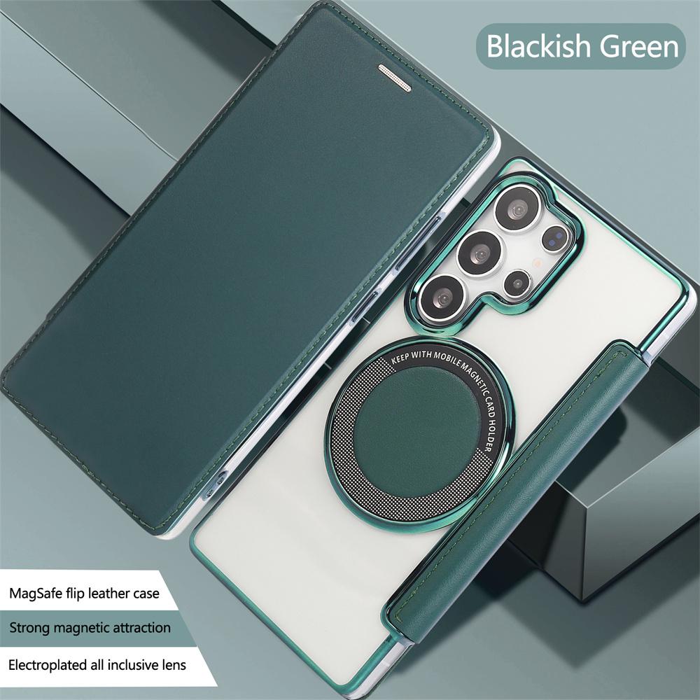 Flip Slot Card Leather Wallet Clear Magnetic Phone Case For Samsung S24 S25 Ultra S22 S23 Plus For Magsafe Wireless Charge Cover
