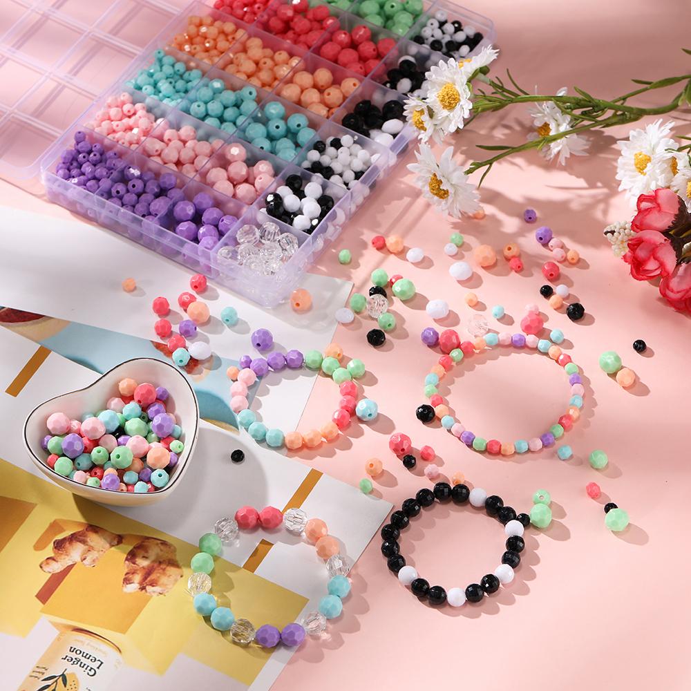 812 Stück/Karton 6/8/10mm Acryl Runde Facettierte Perlen Kits mit 0,8mm Elastischem Band für DIY Armband Halskette Schmuckherstellung Zubehör