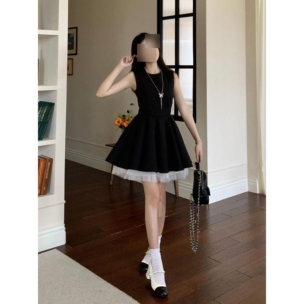 Summer contrasting mesh splicing sleeveless French Hepburn dress casual style temperament waist tutu ballet dress