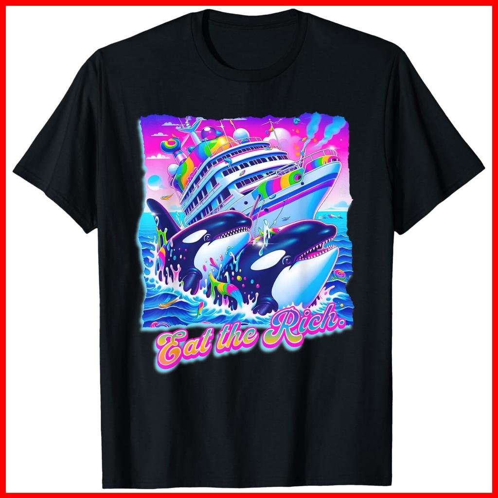 Eat the Rich Whale 90s Orca Funny Whale Animal Yacht Retro Black Cotton T-Shirt