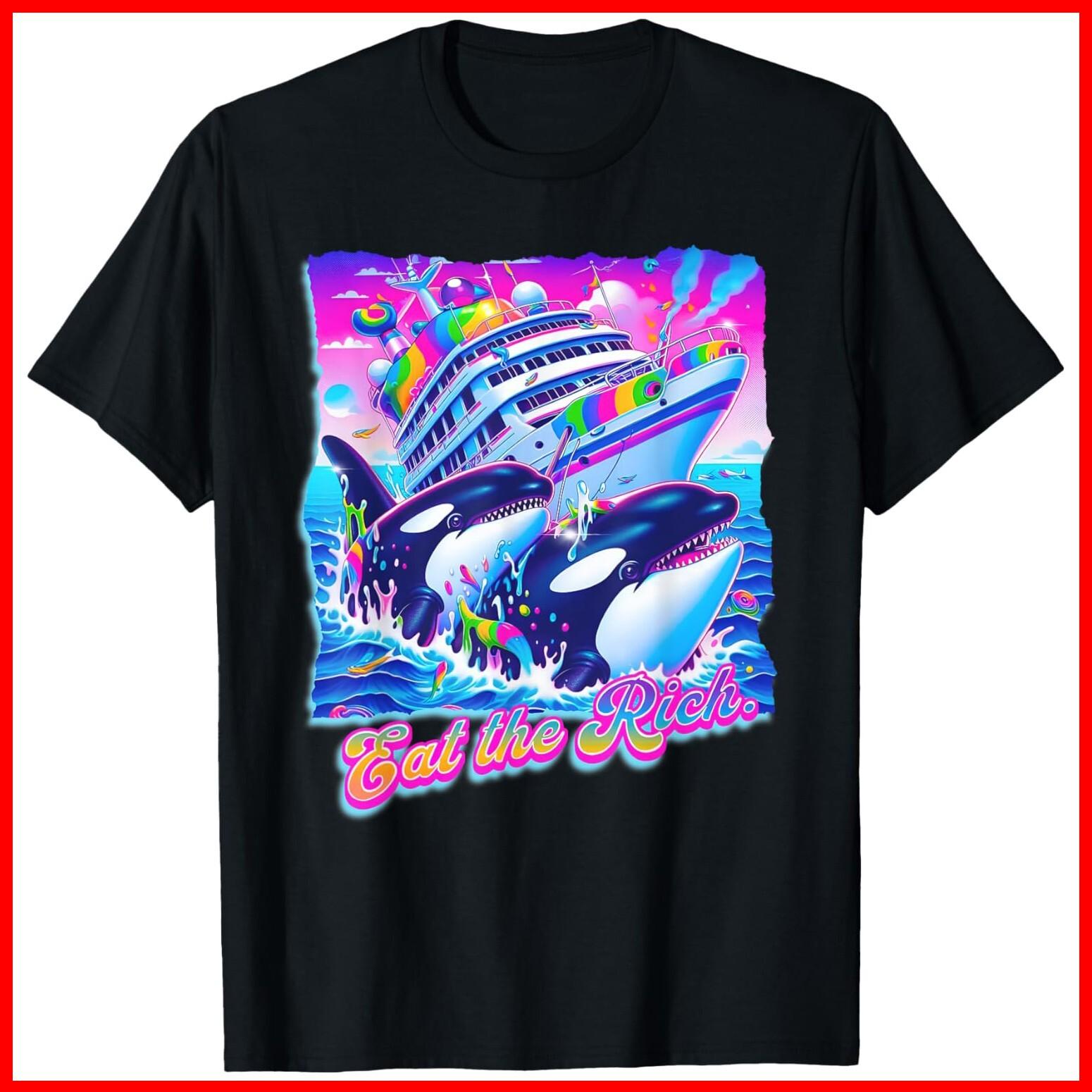 Eat the Rich Whale 90s Orca Funny Whale Animal Yacht Retro Black Cotton T-Shirt XXXXL