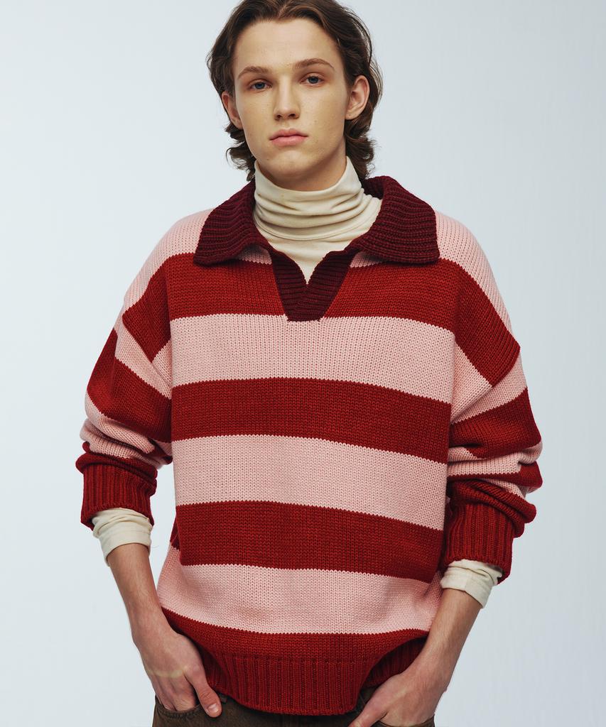 KNITTED Open Collar Striped Knit Red