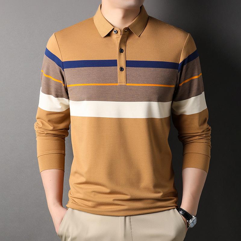 Autumn New Striped Long-staple Cotton Men's Long-sleeved Middle-aged Lapel Polo Shirt Men's Embroidered T-shirt Top