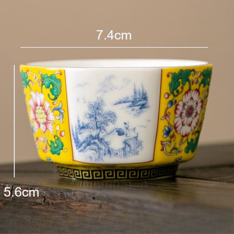 1pc Household Enamel Colored Tea Cup Jingdezhen Ceramic Chinese Hexagonal Tea Cup Large Capacity Chinese Painting Tea Cup  200ml