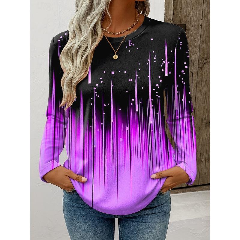 Women's T-shirts Casual Long Sleeve Tops Ombre Graphic Geometric Tees Shirts Blouse O-neck Fall Winter Streetwear Pullover