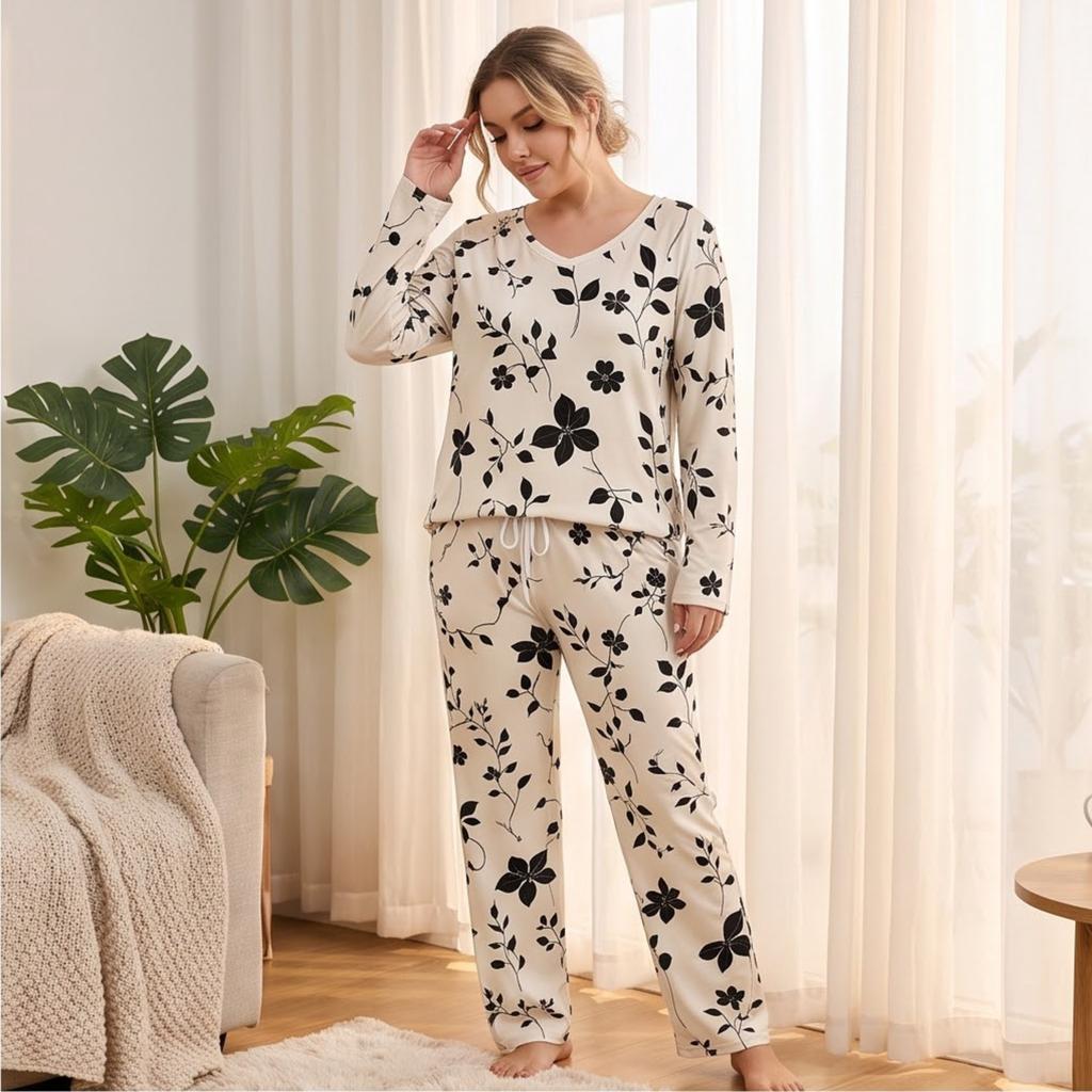 Women's V-Neck Pajama Set Long Sleeve Top and Pants Loose Fit Plus Size Two-Piece Loungewear for Spring and Fall
