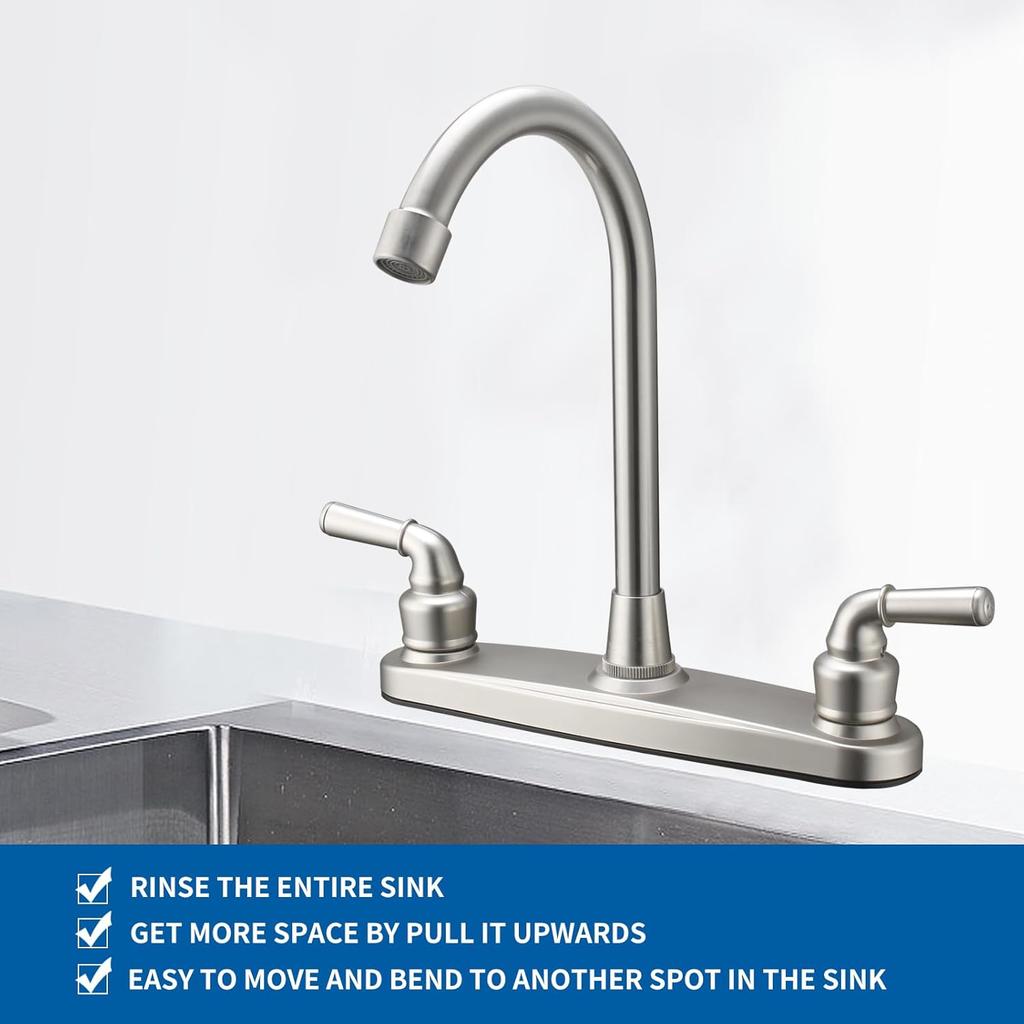 RV Non-Metallic Kitchen Faucet Brushed Nickel Two Handle-8 in Main Body-High Arch-360 Swivel Replace for Motorhomes, Travel Trailers,Campers