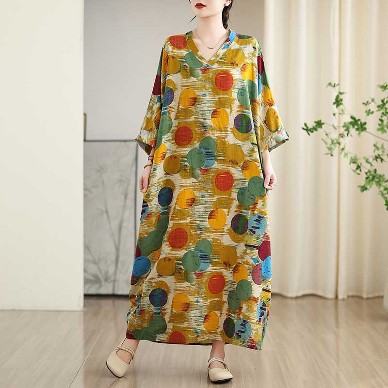 New Color Travel V-neck Retro Long Skirt Cotton Linen Dress