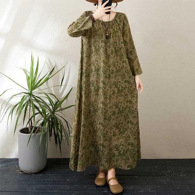 2025 New Round Neck Minimalist Long Sleeve Extra Long Dress Vacation Style