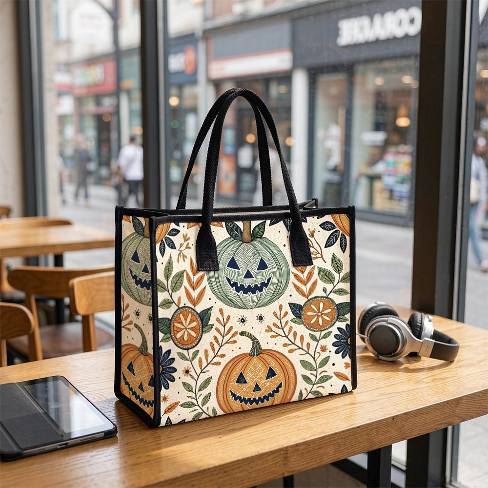 Boho Halloween Pumpkin Tote Bag Folk Floral Print Large Casual Shoulder Handbag for Fall Daily Use