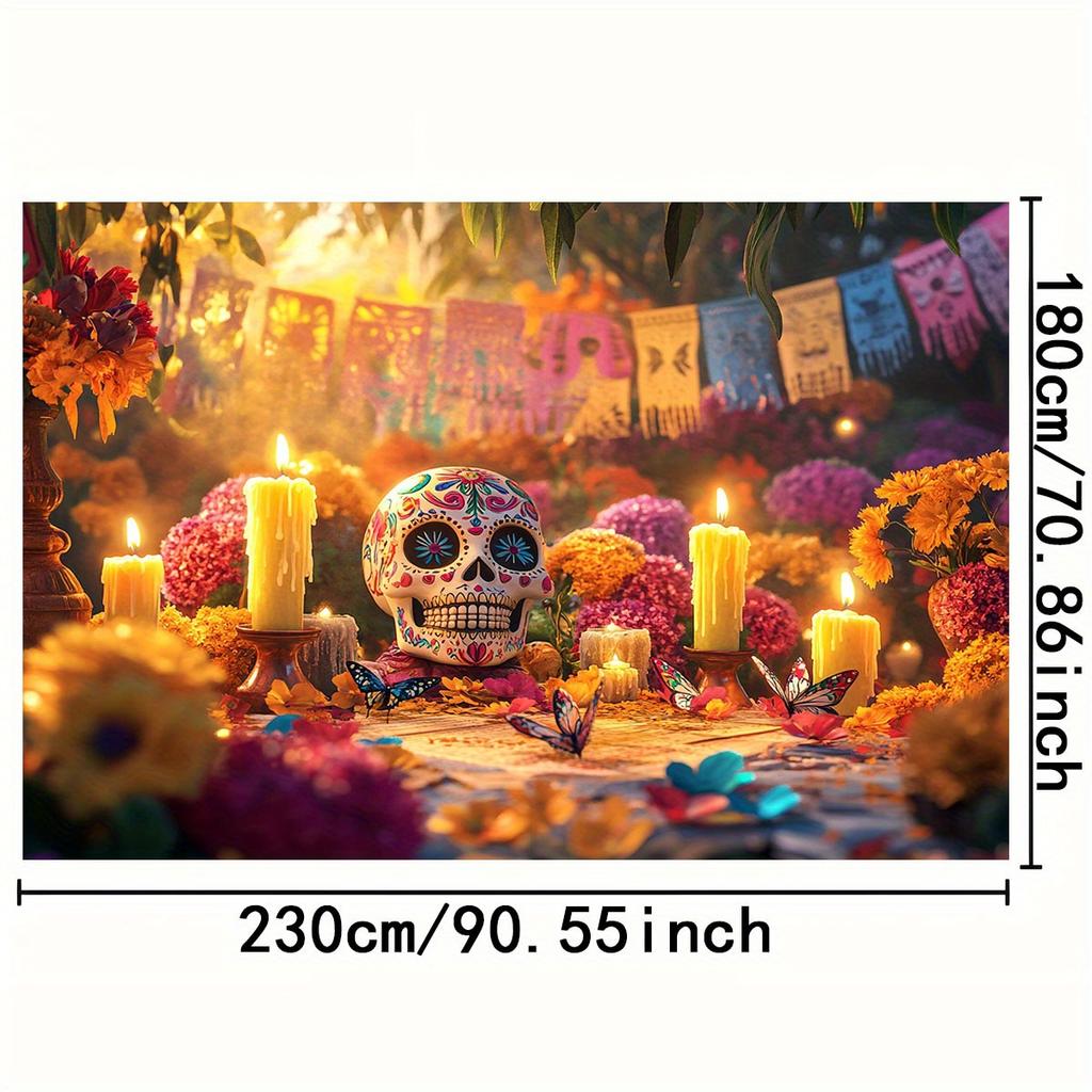 1 Piece of 2D Background Cloth "Colorful Day of the Dead Theme Background Cloth, Sugar Skull and Flower Candlelight.