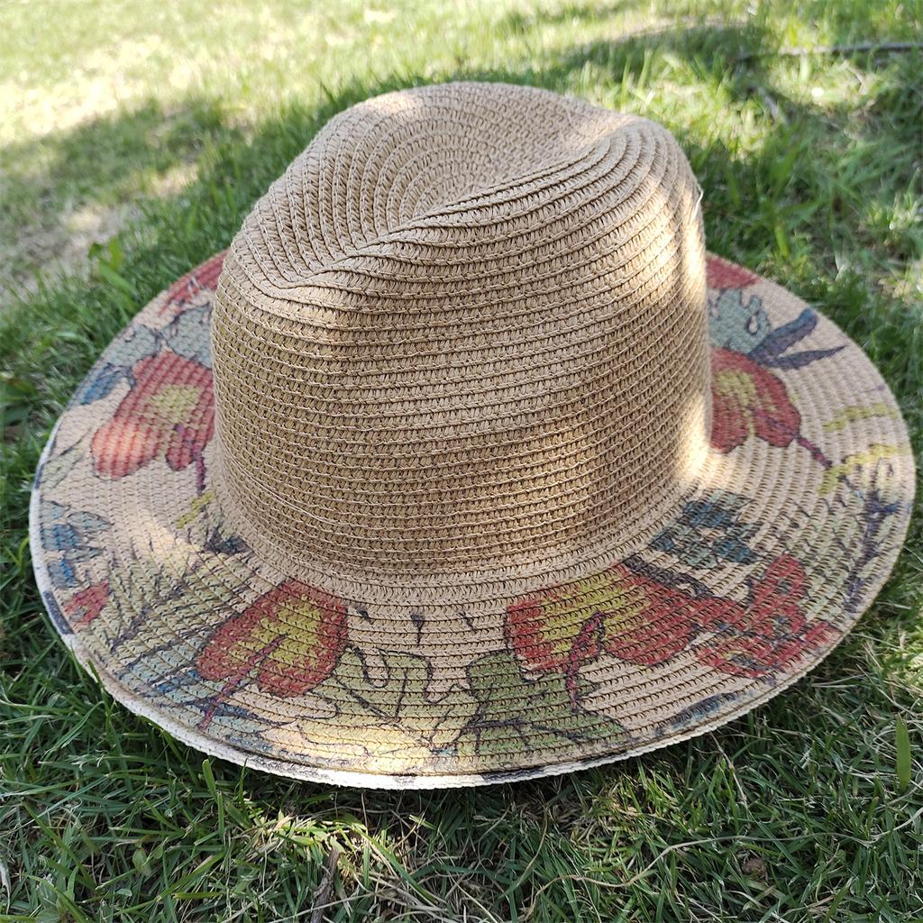 Handmade Graffiti Design Straw Hat Women'S Summer Fresh Grass Weaving Sun Shade And Sunscreen Hat Panama Jazz Sun Hat