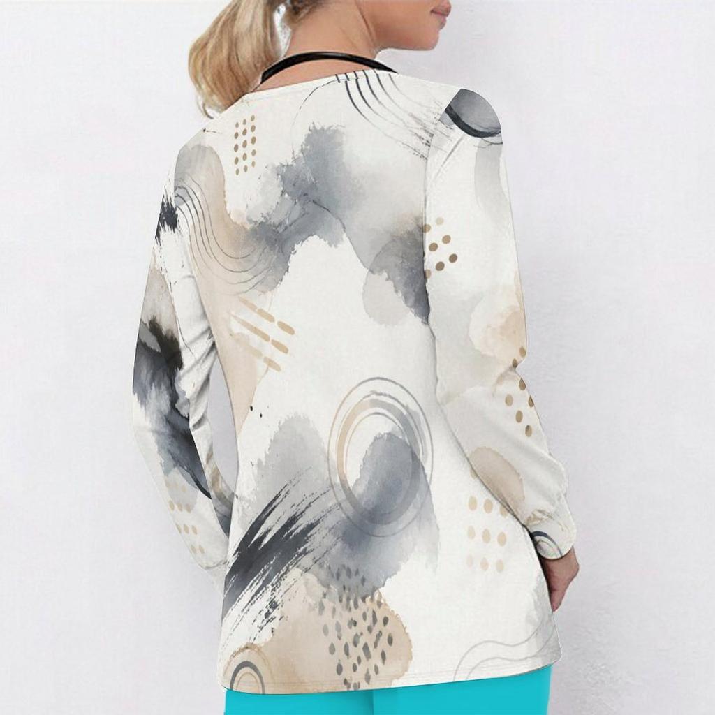 Women Plus Size Abstract Watercolor Printed V Neck Long Sleeve Nurse Scrub Top With Front Pockets