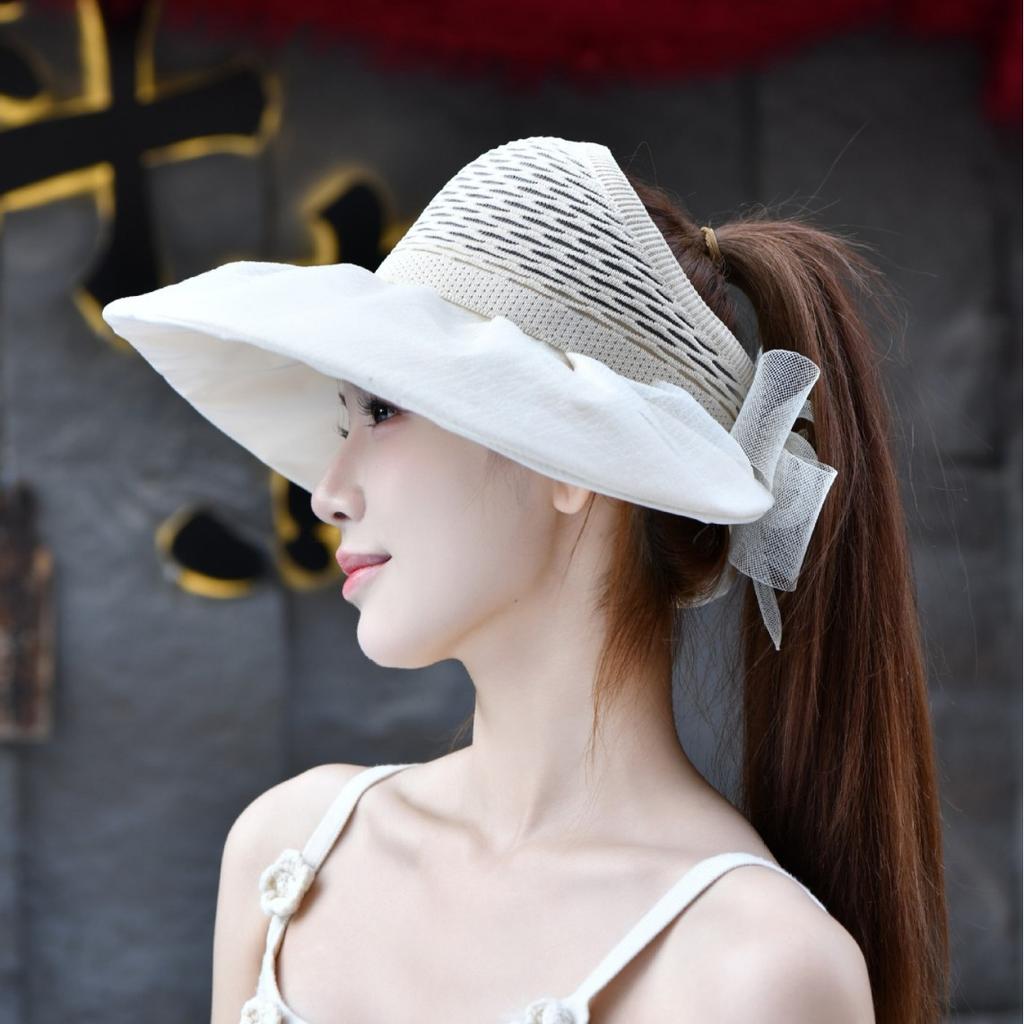 Bucket Hat Women'S Mesh Bow Sunshade Sunscreen Empty Top Hat Outdoor Travel Breathable Sun Hat