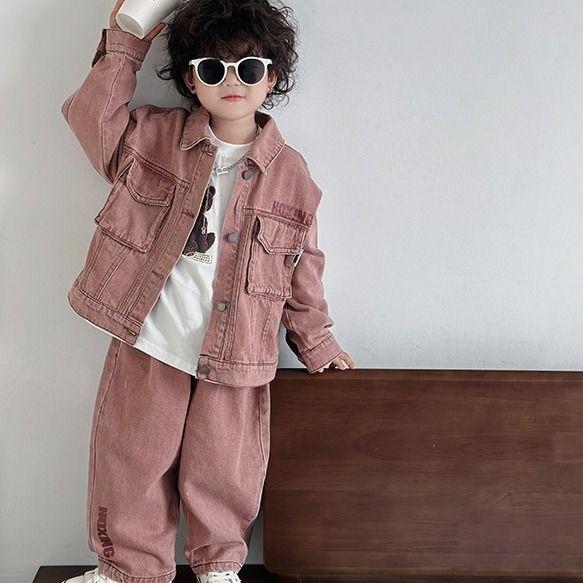 Children's Denim Outfits for Kids Spring and Autumn Pink Cool Handsome Baby Jacket Boys' Two-Piece Set Trendy and Cool