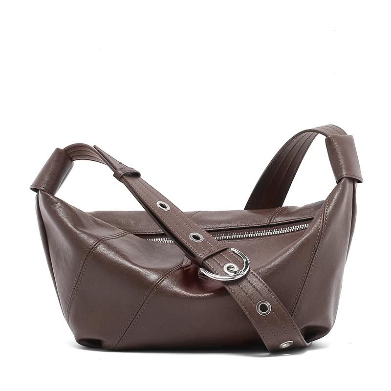 Women Natural Cowhide Leather Dumpling Bag For Ladies Casual Minimalist Adjustable Crossbody Hobos Bag Commuter Bag Accessories