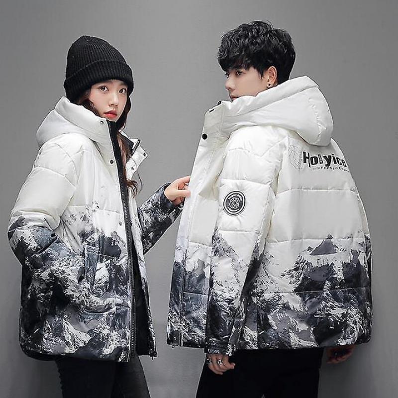 2022 New Arrival Women's Down Jacket Hooded Down Jacket Short Thickened Snow Mountain Print Jacket Trend Couples Down Jacket For Men