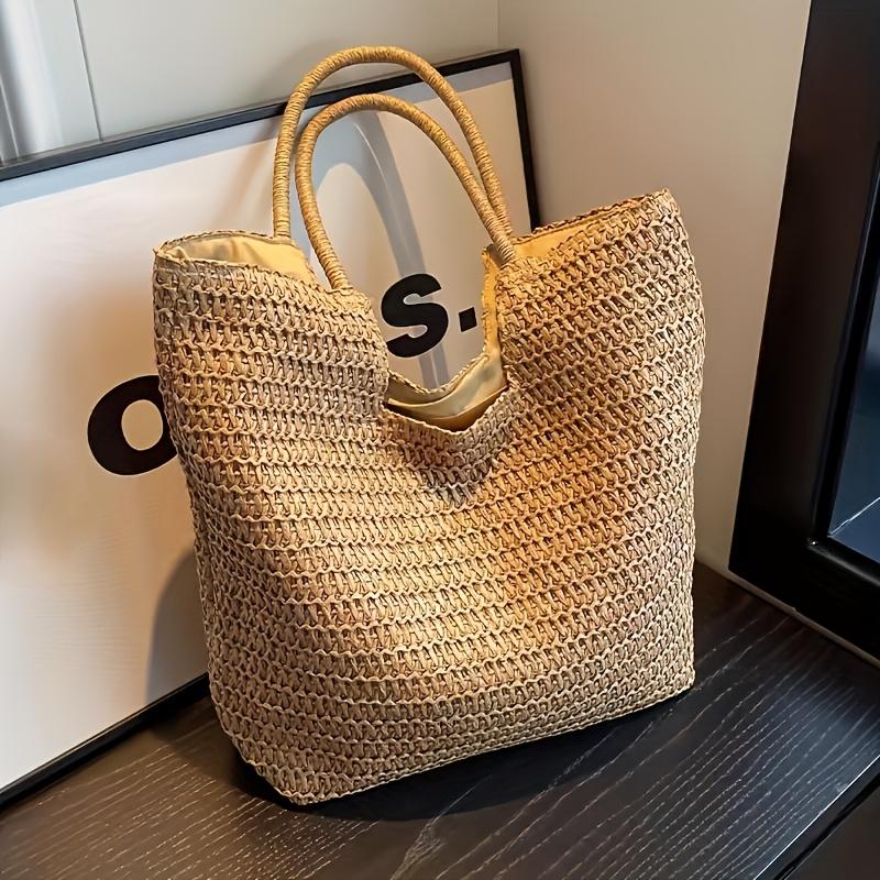 Chic Large Capacity Paper Woven Straw Tote Handbag for Women, Summer Woven Beach Shoulder Bag with Zip Closure