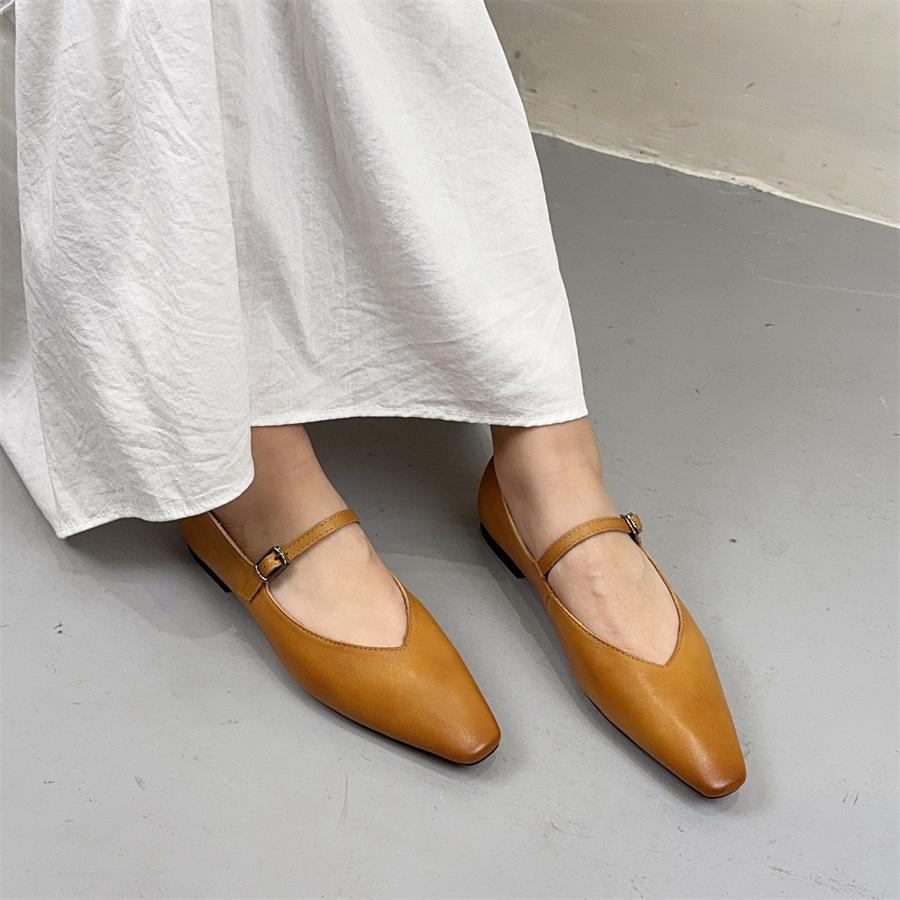 Johnature Versatile Genuine Leather Shoes Pointed Toe Buckle Strap Soft Soled Women's Flat Shoes