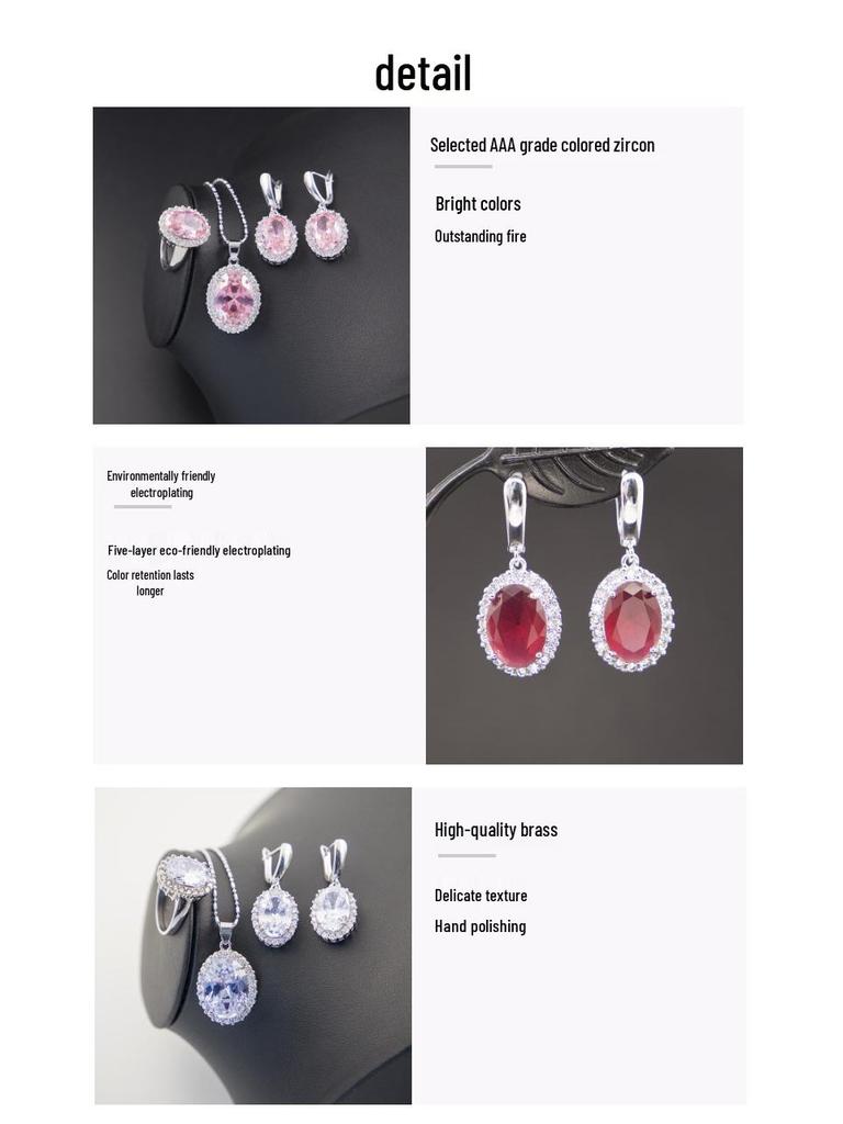 European-American Zircon Jewelry Set: Ring, Necklace, Earrings - Three-Piece Inlaid Zircon Collection