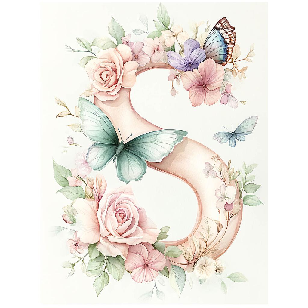 Plakat "S" Z Kwiatami I Motylami Plakat "S" Z Kwiatami I Motylami, 50X70 Cm, Rama Drewniana Ciemny Brąz, Papier Matowy 230 Gsm