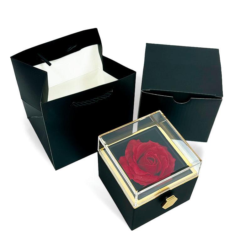 Manual Rotating Preserved Flower Jewelry Box with Necklace Ring Holder Luxury Acrylic Eternal Rose Box for Anniversary Gift