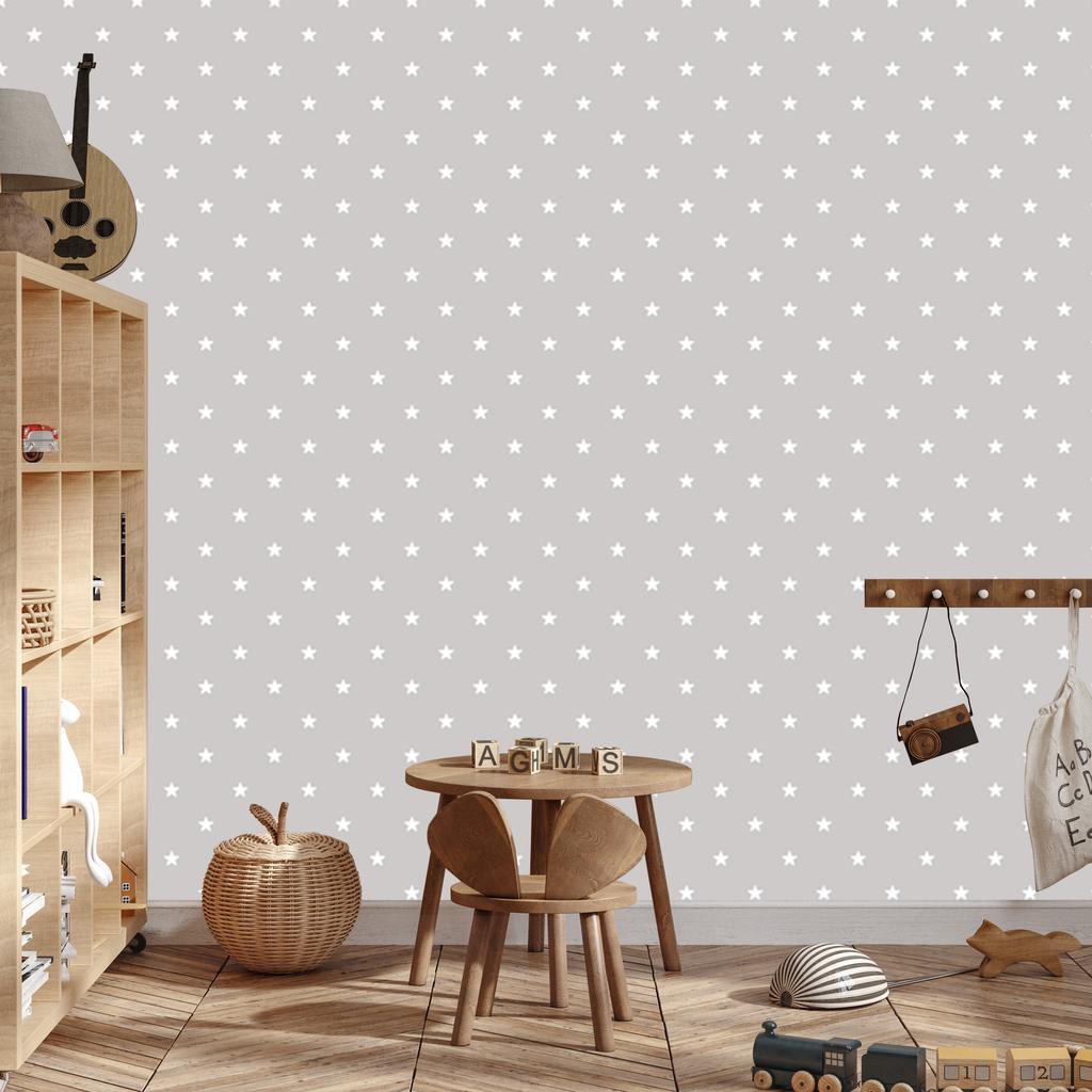 Wallpaper White stars on a gray background for the living room and bedroom 50x1000