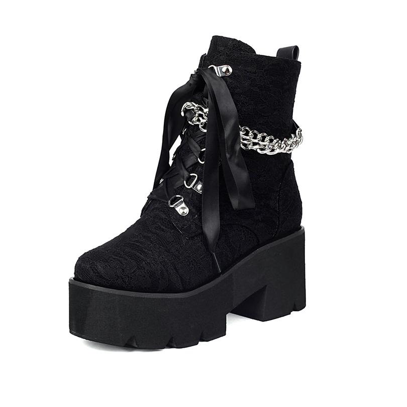 

Mixed Colors Printed Denim Cross Tie Metal Chain Punk Short Boots Side Zippers Sponge Cake Thick Sole Height Increasing Boots 34 чорний