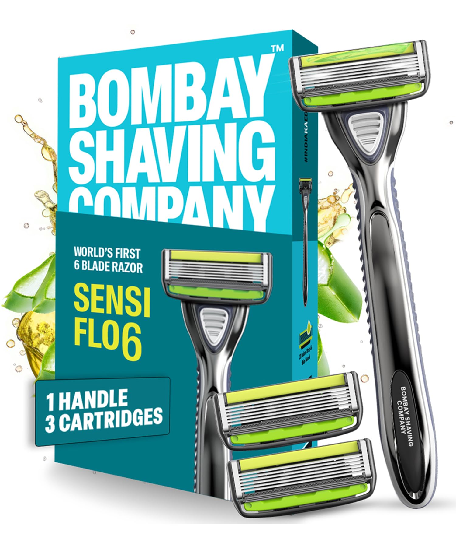 Bombay Shaving Company Sensi Flo 6 Упаковка из 6 штук (Ручка + 3 сменных лезвия) | До 4 месяцев бритья | Первая в мире бритва с 6 лезвиями для мужчин, Триммер