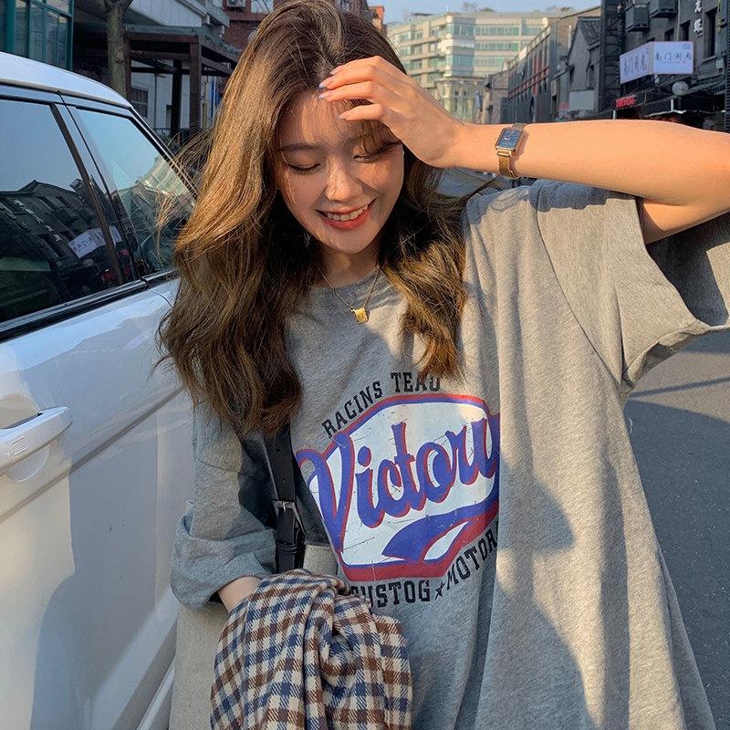 

Pure cotton new loose large size medium and long printed short-sleeved T-shirt women s top M серый