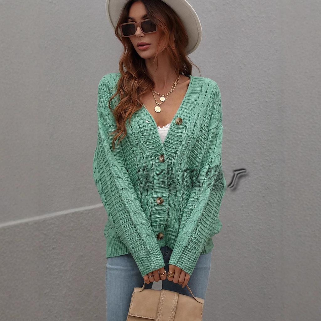 Autumn and winter new European and American button women's clothing loose solid color twisted rope knitted cardigan women's sweater women's