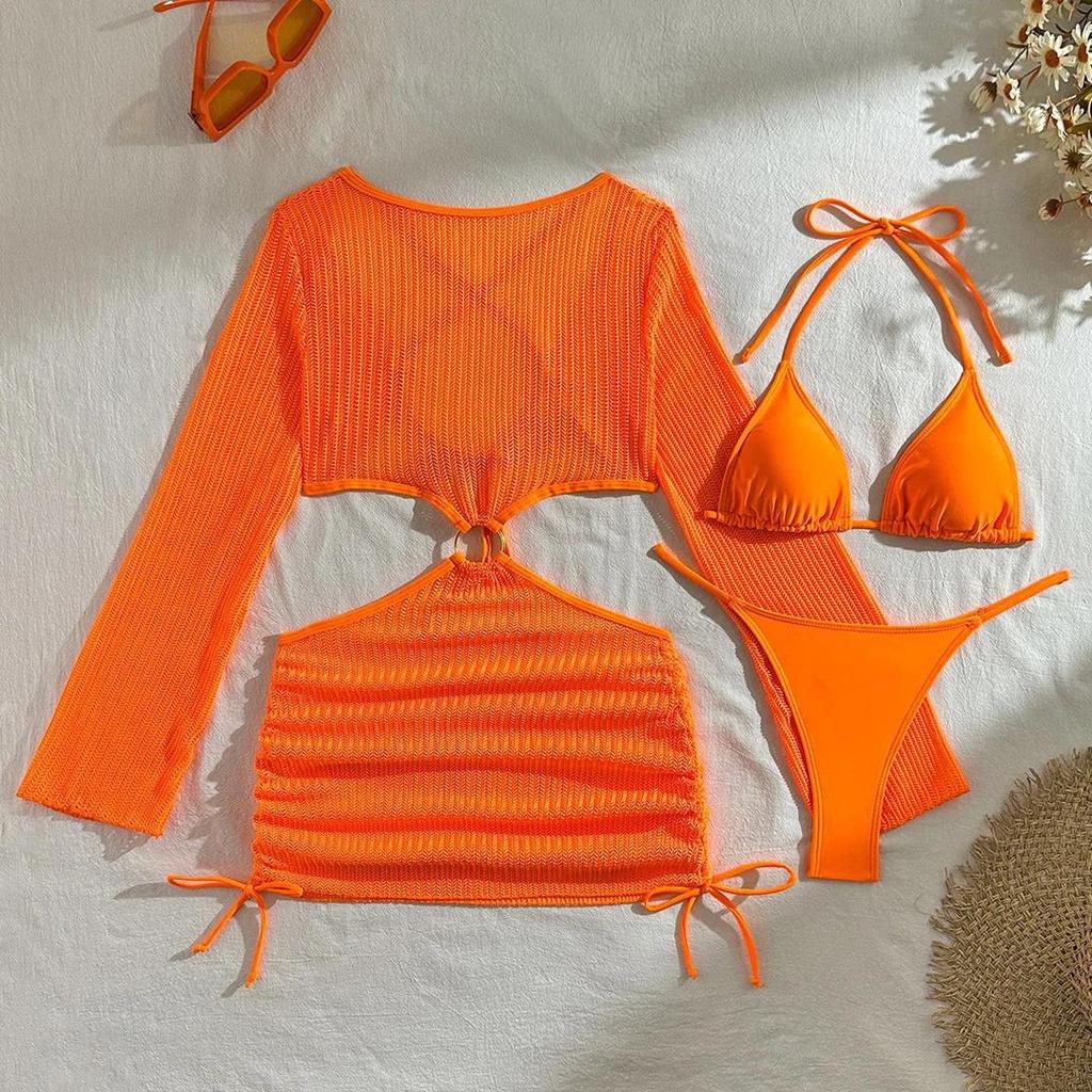 With Long Sleeve Cover Up Halter Bikini Women Swimwear Female Swimsuit Three-pieces Bikini set Bather Bathing Suit Swim