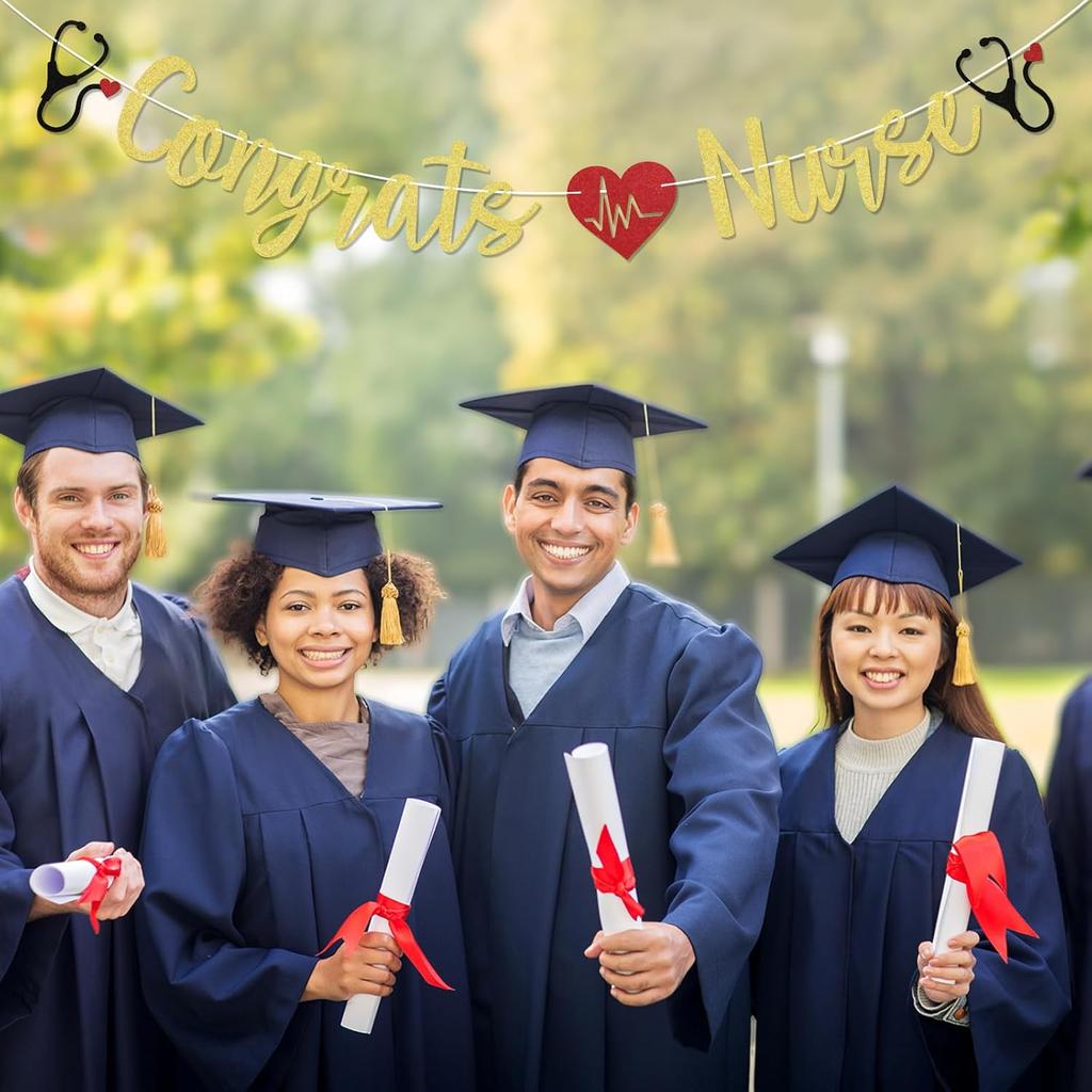 Congrats Nurse Banner - Nursing School Survivor Decorations, BSN/RN/NP Grad Party Decor, Class of 2025 Decorations Gold Glitter