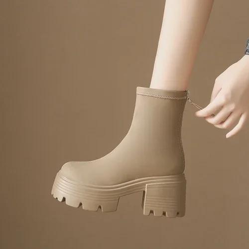 

Модные осенние массивные ботинки 8 см, кожаные кроссовки на высокой платформе, женские ботинки «Челси» с круглым носком, британский стиль, женские туфли на толстой подошве 39