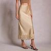 Women's Midi Skirt with Lace Hem Beige Straight Cut Satin Feel Casual Skirt
