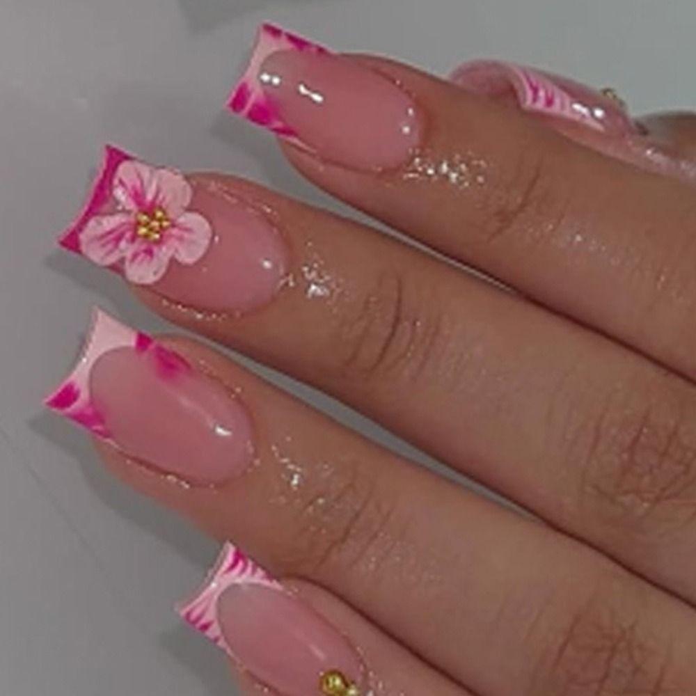 Unghie Finte Lunghe Staccabili Stile Ballerina Fiori Rosa e Strisce Unghie Finte Francesi Unghie Finte Full Cover per Donne