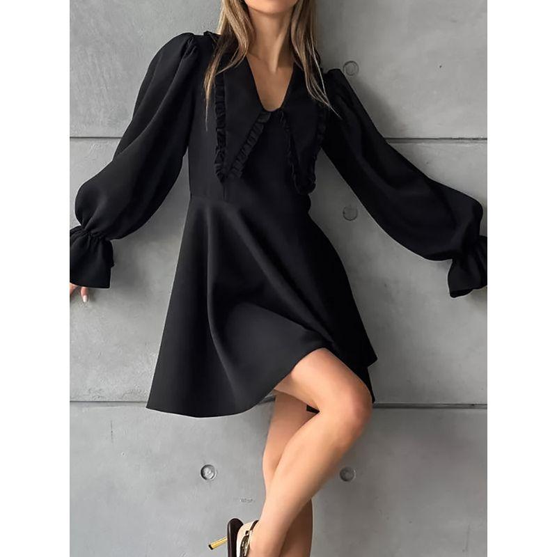 Fashion Fall and Winter Elegance Women's Dress Black Long Sleeves Temperament Skirt Casual