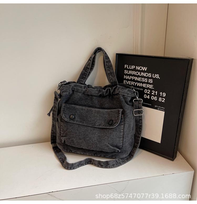 2025 New Pleated Drawstring Large Capacity Simple Commuter Bag Fashion Crossbody Bag Vintage Denim Shoulder Bag